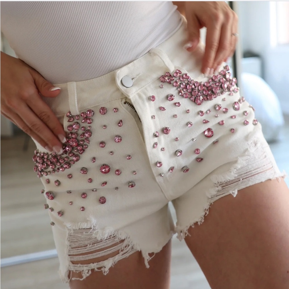Pink Cowgirl You Sparkle white denim shorts